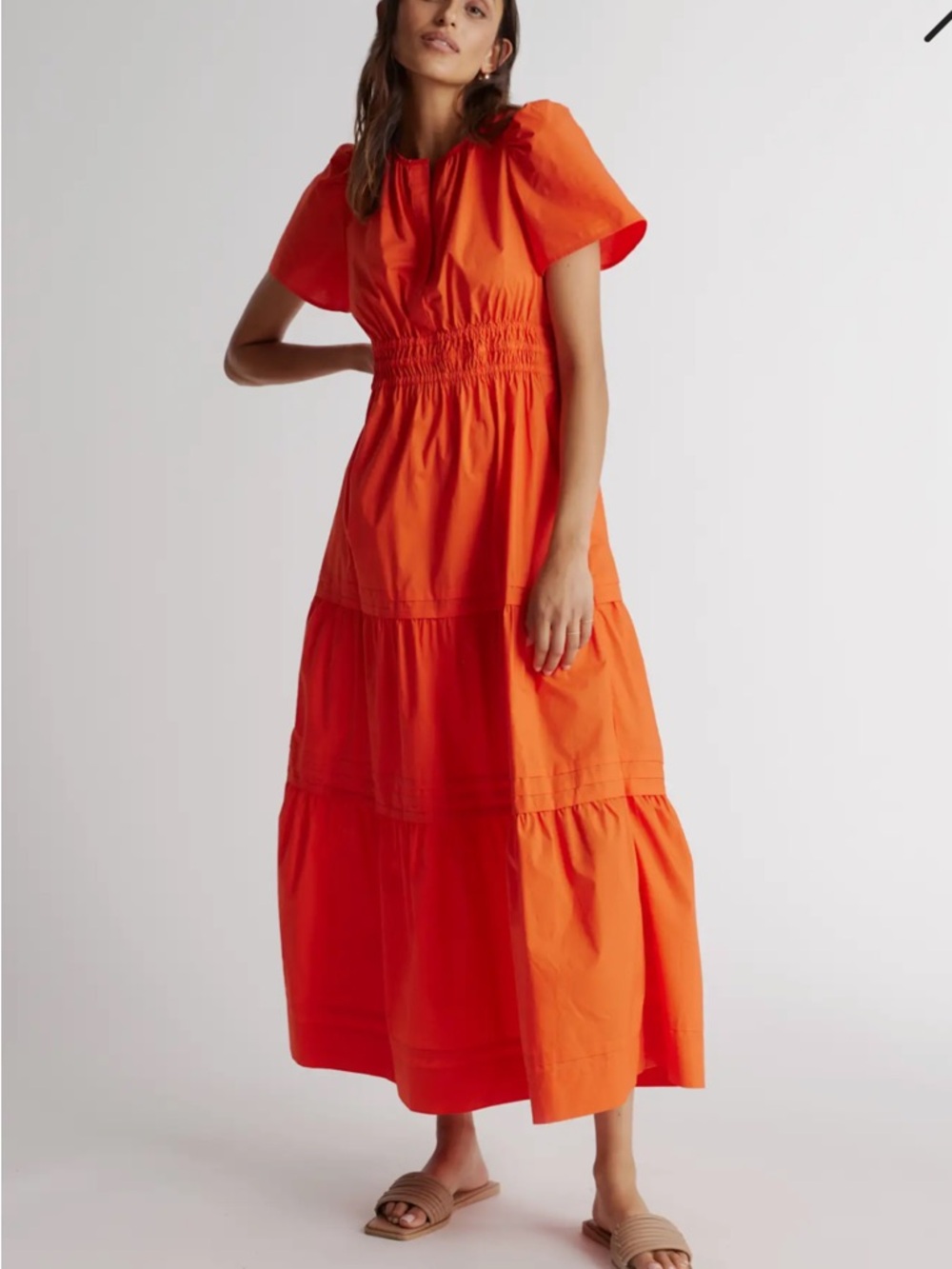 Quince Orange Tiered Short-Sleeve Midi Dress